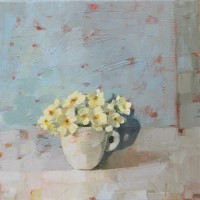 Primroses in a white jug by Anne-Marie Butlin