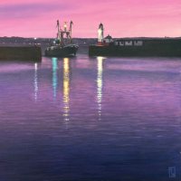 Slipping into port, neon dawn by Oliver White