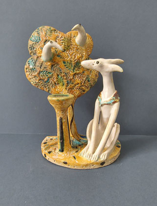 Dog with tree birds and water (SS071) by Shelagh Spear