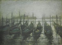 Gondolas moored, distant San Giorgio Maggiore by Benjamin Warner