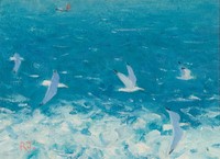 Gulls and fishing boat by Robert Jones