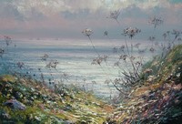 Sunlit sea and seedheads, towards Longship by Mark Preston