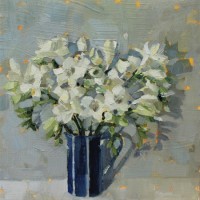 Freesias in a striped jug by Anne-Marie Butlin