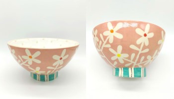 Pink flower footed bowl by Ken Eardley