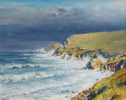 Stormy sea, sun breaking through towards Cape Cornwall by David Rust