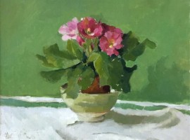 Pink Primulas in green bowl by Annie Waring