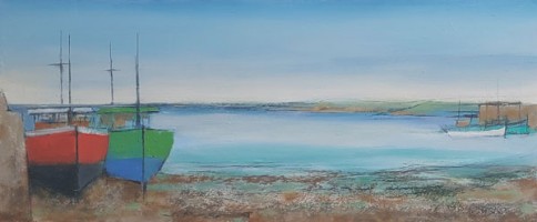 Red and green bows, bay shoreline by Michael Praed