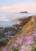 Soft morning light and seapinks at Godrevy Lighthouse by Amanda Hoskin