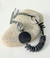 MJ057 Picasso jasper, black line agate, silver metal circle grey frosted glass by Melissa James