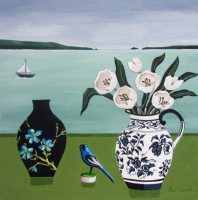 Wooden Painted Bird and White Tulips by Paula Sharples