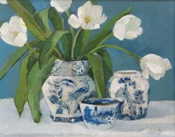 Tulips and blue and white china by Annie Waring