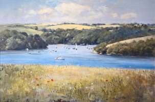 Summer moorings on the Percuil, mists clearing by David Rust