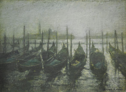 Gondolas moored, distant San Giorgio Maggiore by Benjamin Warner