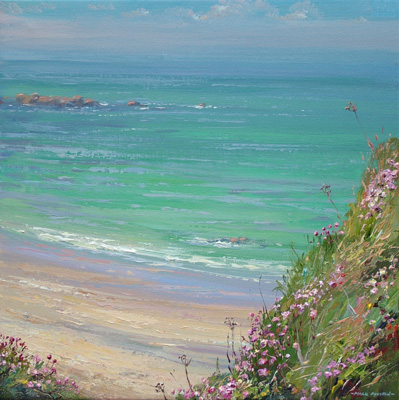 Calm sea and thrift, Portheras by Mark Preston