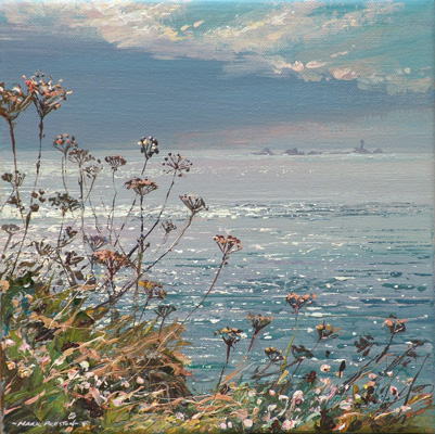 Calm sea and seedheads, Longships Lighthouse by Mark Preston