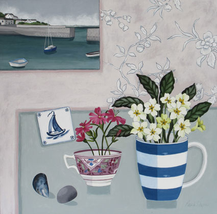 Mousehole Harbour and Spring Flowers by Paula Sharples