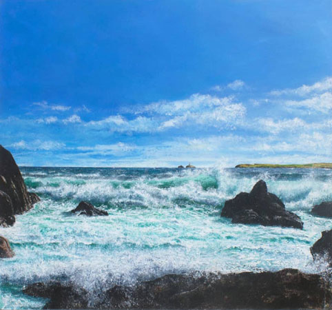 St Ives Bay, rocks sea and Lighthouse by Paul Sims