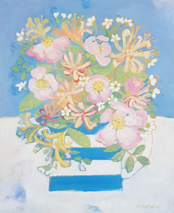 Wild Roses and honeysuckle in a cornish jug  by Ali Dickson