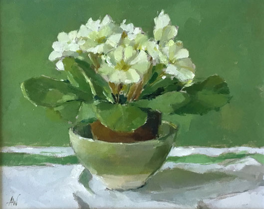 White Primroses in Green Bowl by Annie Waring