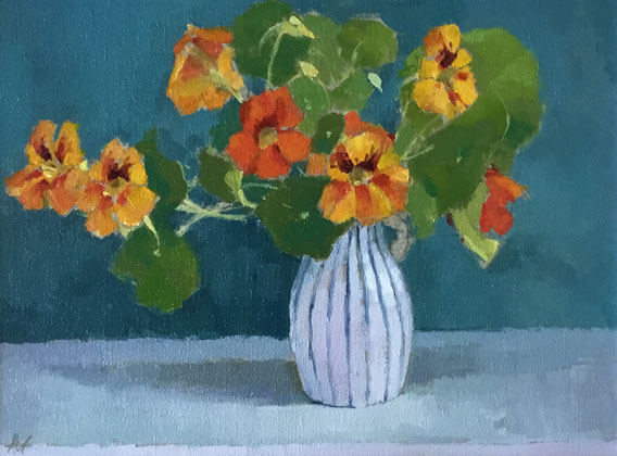 Nasturtiums in striped pot by Annie Waring