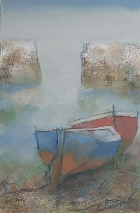 Blue and red punts, low water by Michael Praed