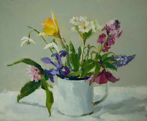 Early spring flowers in enamel mug by Annie Waring