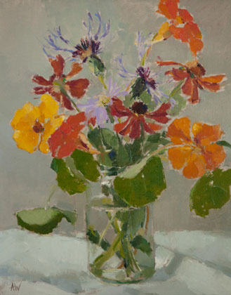 Nasturtiums and Cornflowers in jar by Annie Waring