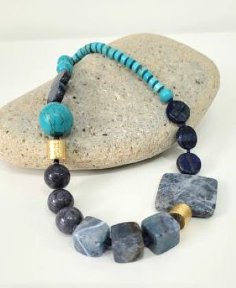 MJ059 Blue spot agate, lapis, turquoise, brushed gold vermeil tube by Melissa James