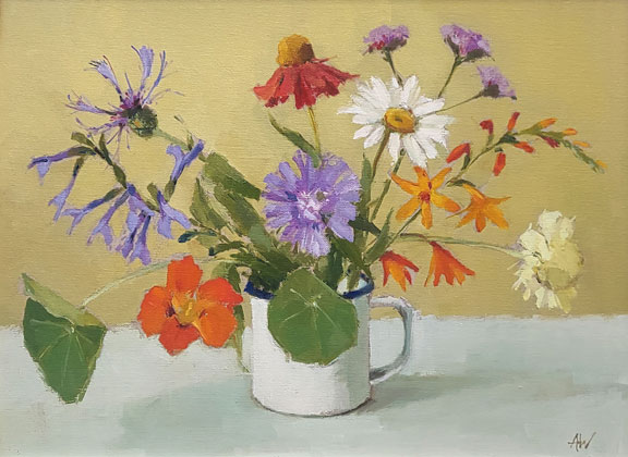Summer flowers in enamel mug by Annie Waring