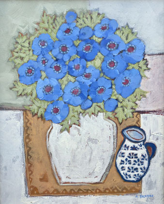 Blue anenomes and a patterned jug by Ali Dickson